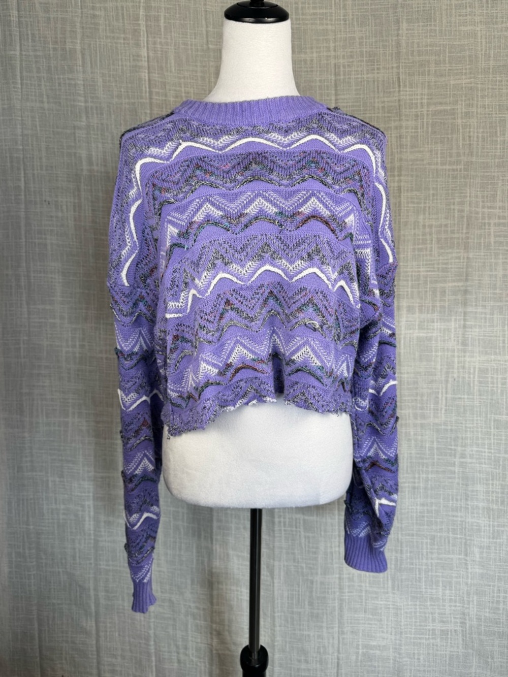 Vintage Purple Zigzag Knit Sweater Cropped Reworked Textured Boho XL